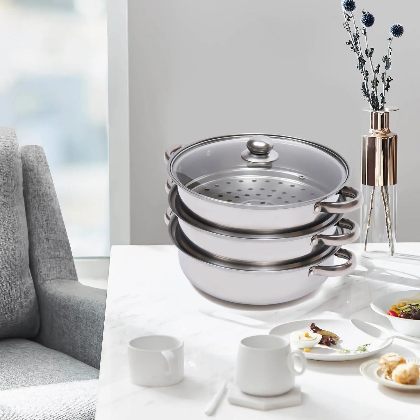 3-Tier Stainless Steel Steamer Pot Set with Glass Lid - 11 Large Cooking Cooker - ZOOMNSTORE