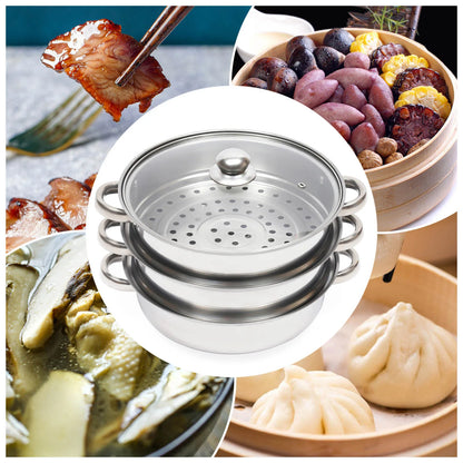 3-Tier Stainless Steel Steamer Pot Set with Glass Lid - 11 Large Cooking Cooker - ZOOMNSTORE