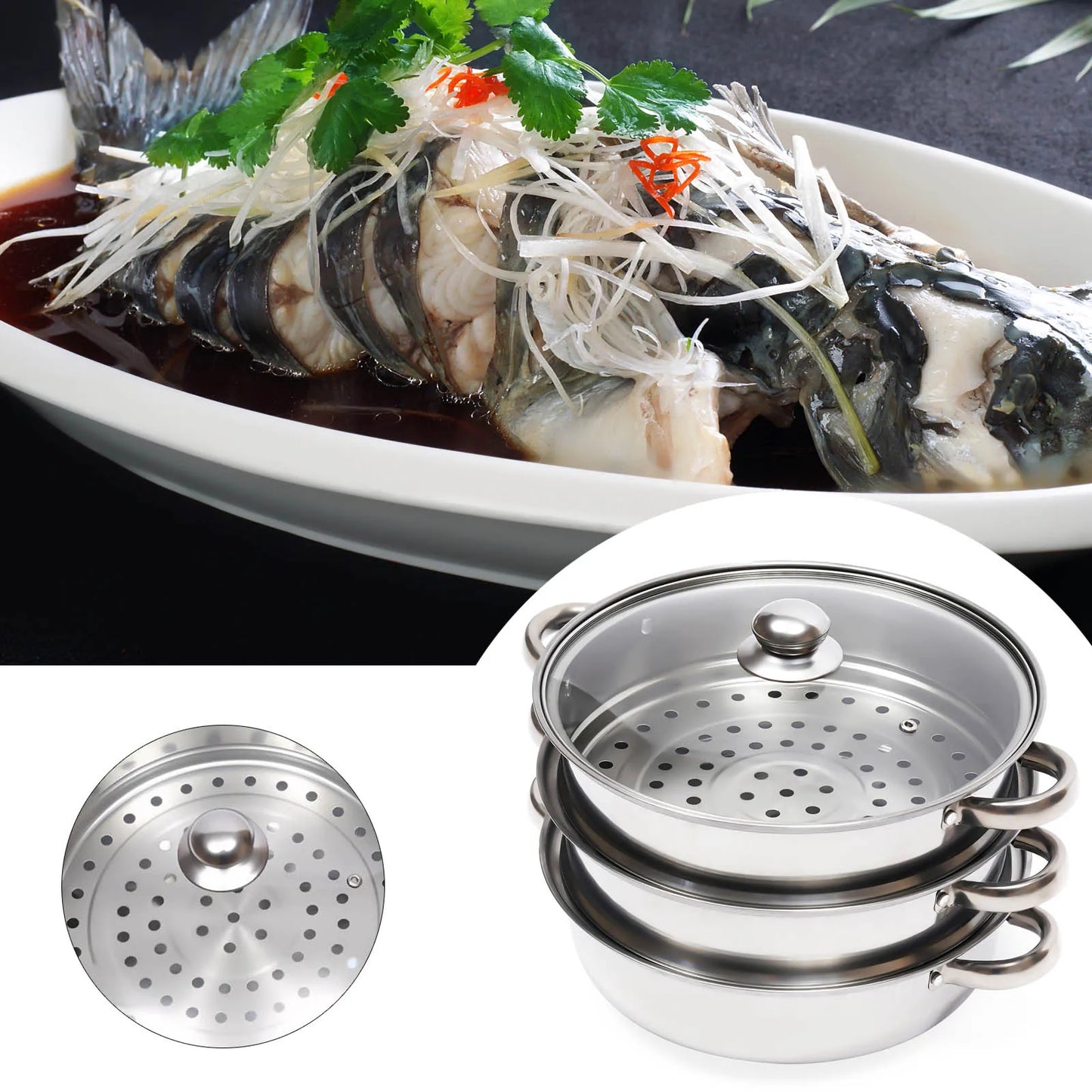 3-Tier Stainless Steel Steamer Pot Set with Glass Lid - 11 Large Cooking Cooker - ZOOMNSTORE