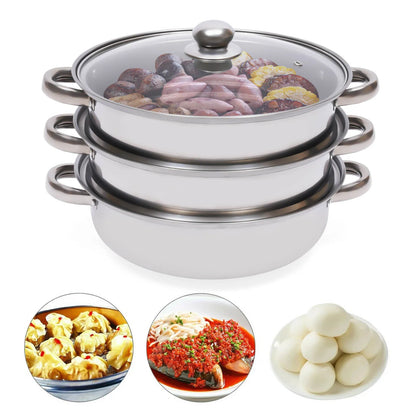 3-Tier Stainless Steel Steamer Pot Set with Glass Lid - 11 Large Cooking Cooker - ZOOMNSTORE