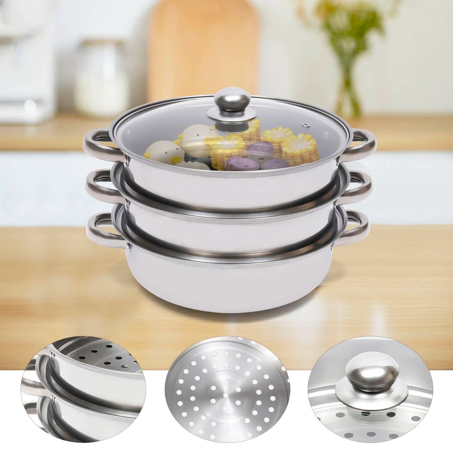 3-Tier Stainless Steel Steamer Pot Set with Glass Lid - 11 Large Cooking Cooker - ZOOMNSTORE