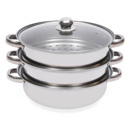 3-Tier Stainless Steel Steamer Pot Set with Glass Lid - 11 Large Cooking Cooker - ZOOMNSTORE