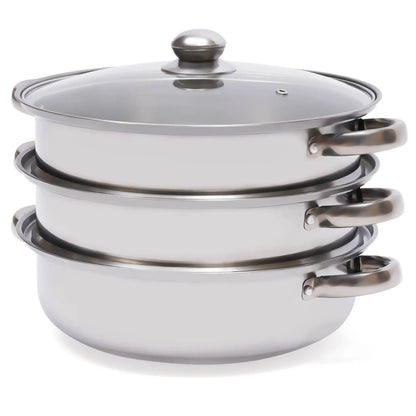 3-Tier Stainless Steel Steamer Pot Set with Glass Lid - 11 Large Cooking Cooker - ZOOMNSTORE