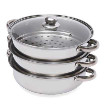 3-Tier Stainless Steel Steamer Pot Set with Glass Lid - 11 Large Cooking Cooker - ZOOMNSTORE