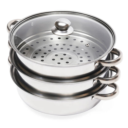 3-Tier Stainless Steel Steamer Pot Set with Glass Lid - 11 Large Cooking Cooker - ZOOMNSTORE