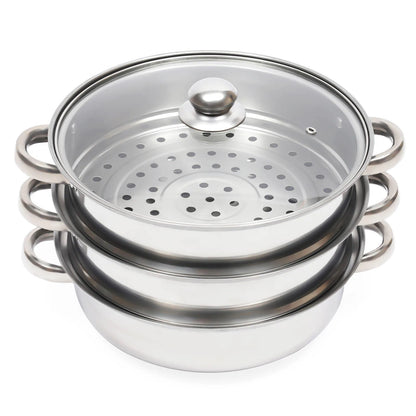 3-Tier Stainless Steel Steamer Pot Set with Glass Lid - 11 Large Cooking Cooker - ZOOMNSTORE