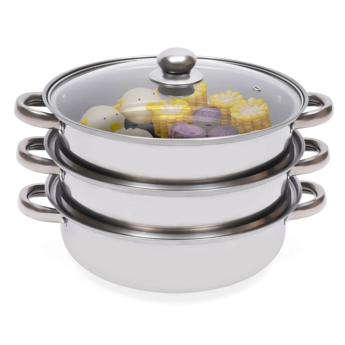 3-Tier Stainless Steel Steamer Pot Set with Glass Lid - 11 Large Cooking Cooker - ZOOMNSTORE