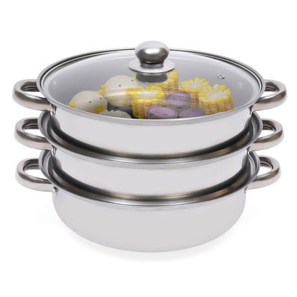 3-Tier Stainless Steel Steamer Pot Set with Glass Lid - 11 Large Cooking Cooker - ZOOMNSTORE