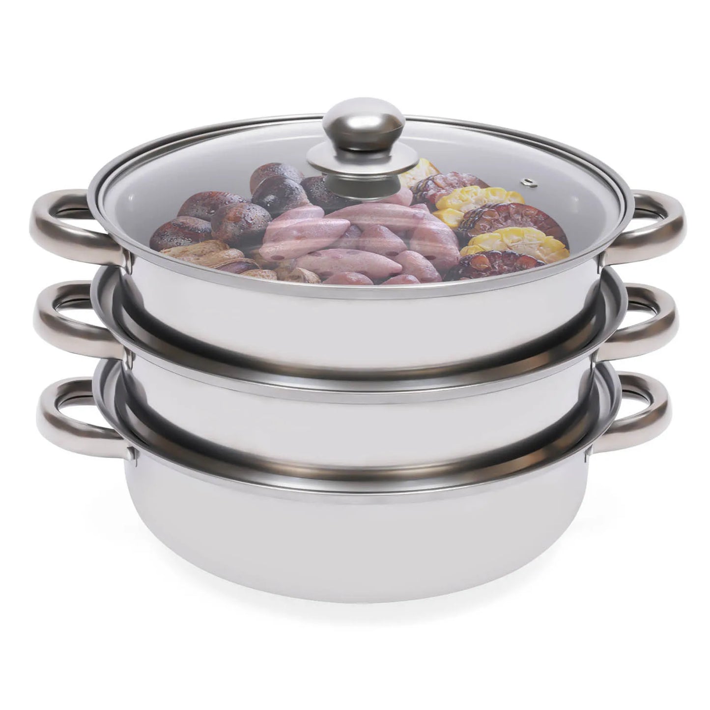 3-Tier Stainless Steel Steamer Pot Set with Glass Lid - 11 Large Cooking Cooker - ZOOMNSTORE
