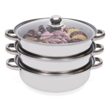 3-Tier Stainless Steel Steamer Pot Set with Glass Lid - 11 Large Cooking Cooker - ZOOMNSTORE