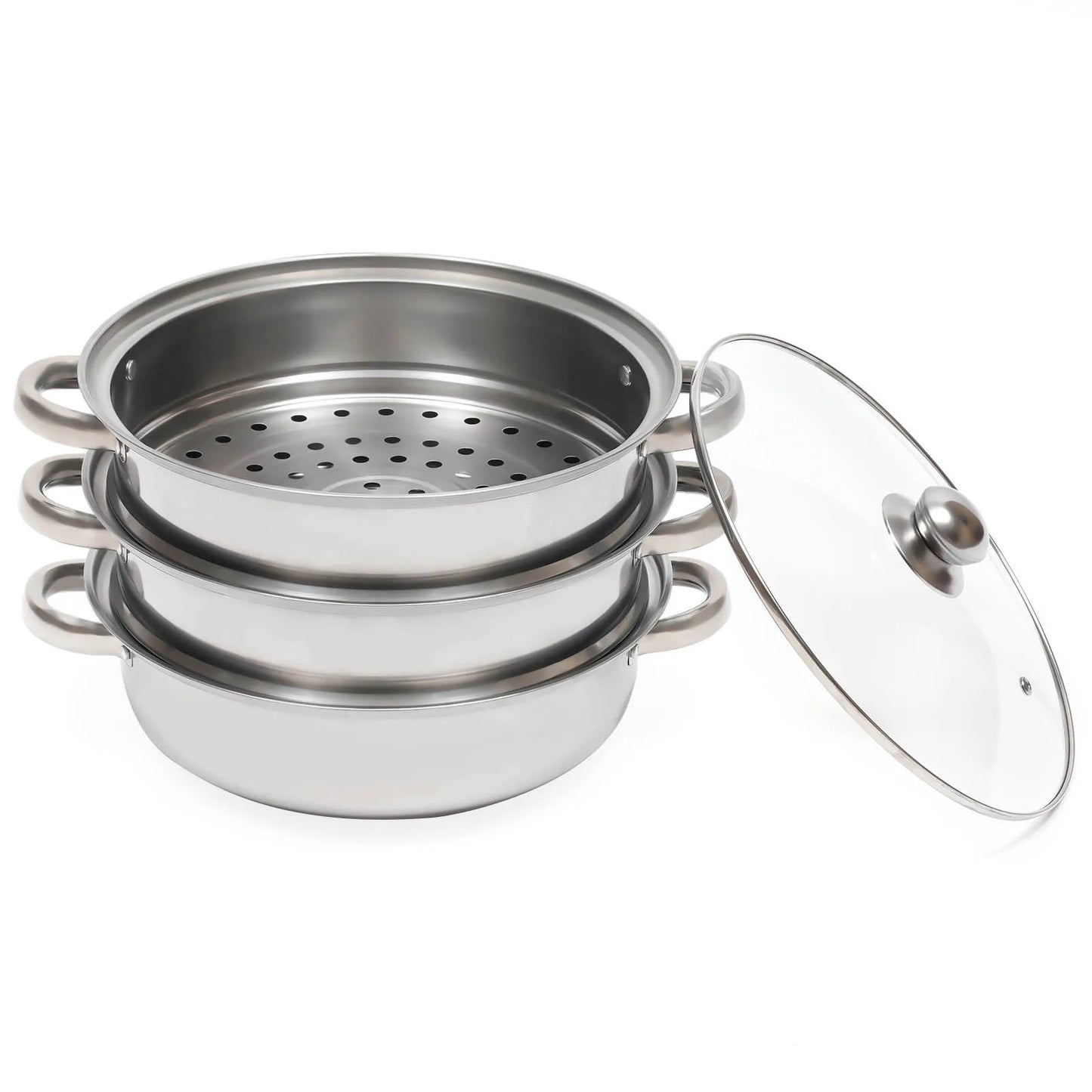 3-Tier Stainless Steel Steamer Pot Set with Glass Lid - 11 Large Cooking Cooker - ZOOMNSTORE
