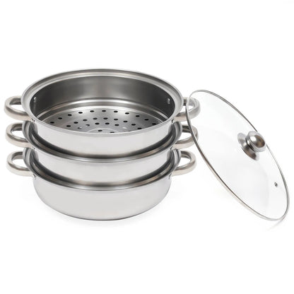 3-Tier Stainless Steel Steamer Pot Set with Glass Lid - 11 Large Cooking Cooker - ZOOMNSTORE