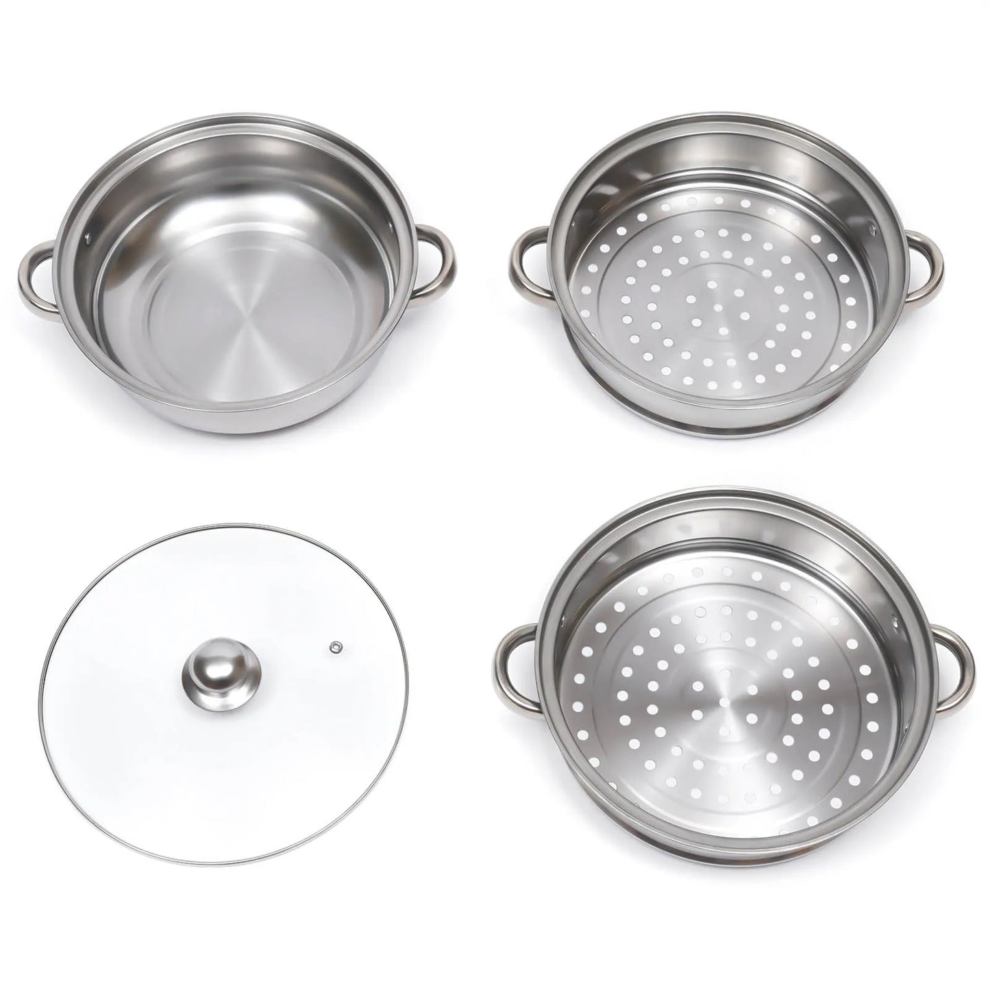 3-Tier Stainless Steel Steamer Pot Set with Glass Lid - 11 Large Cooking Cooker - ZOOMNSTORE