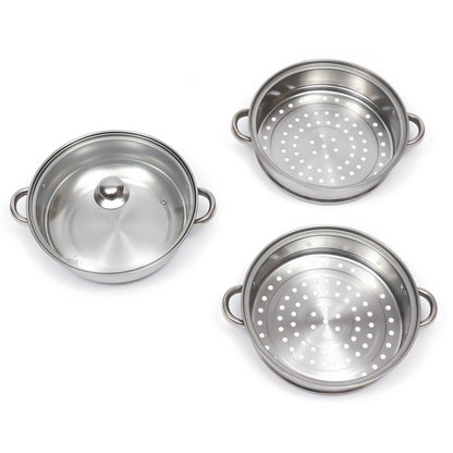3-Tier Stainless Steel Steamer Pot Set with Glass Lid - 11 Large Cooking Cooker - ZOOMNSTORE