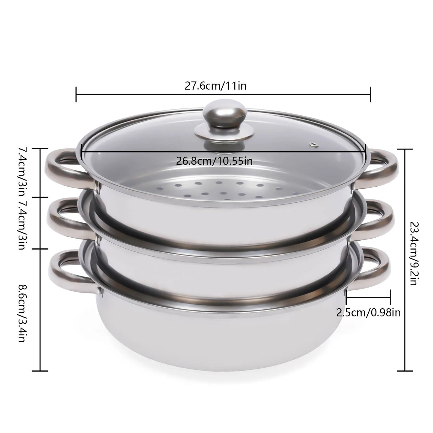 3-Tier Stainless Steel Steamer Pot Set with Glass Lid - 11 Large Cooking Cooker - ZOOMNSTORE