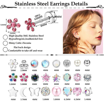 Stainless Steel Stud Earrings – Heart Moon Cartilage Ball Studs for Women’s Body Piercing - ZOOMNSTORE