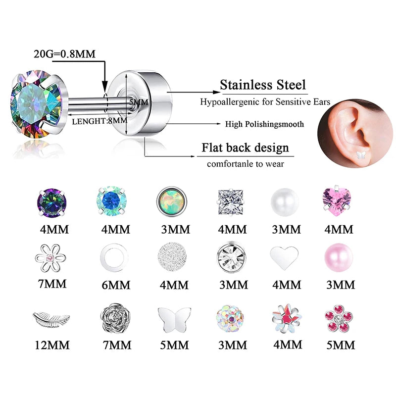 Stainless Steel Stud Earrings – Heart Moon Cartilage Ball Studs for Women’s Body Piercing - ZOOMNSTORE