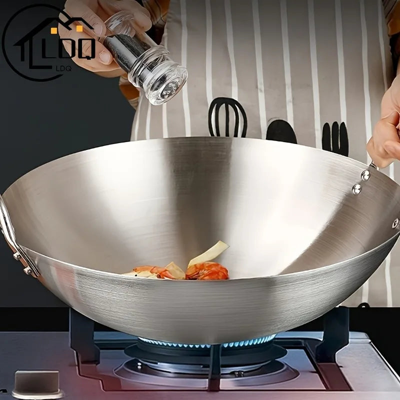 Large Stainless Steel Wok - Durable Chefs Pan with Dual Handles Easy to Clean - ZOOMNSTORE
