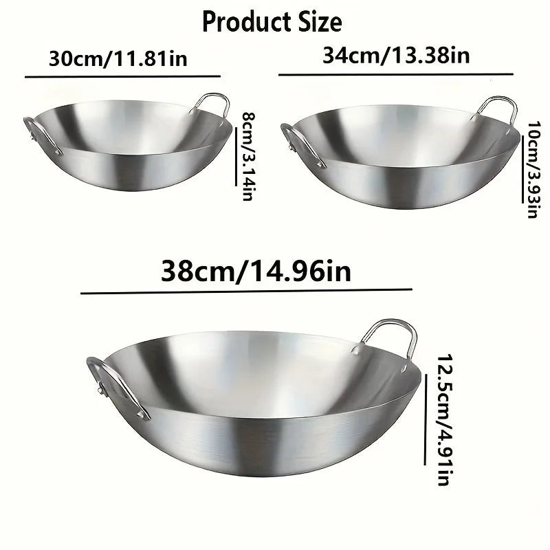 Large Stainless Steel Wok - Durable Chefs Pan with Dual Handles Easy to Clean - ZOOMNSTORE