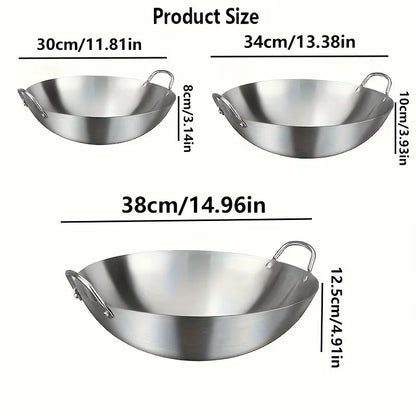 Large Stainless Steel Wok - Durable Chefs Pan with Dual Handles Easy to Clean - ZOOMNSTORE