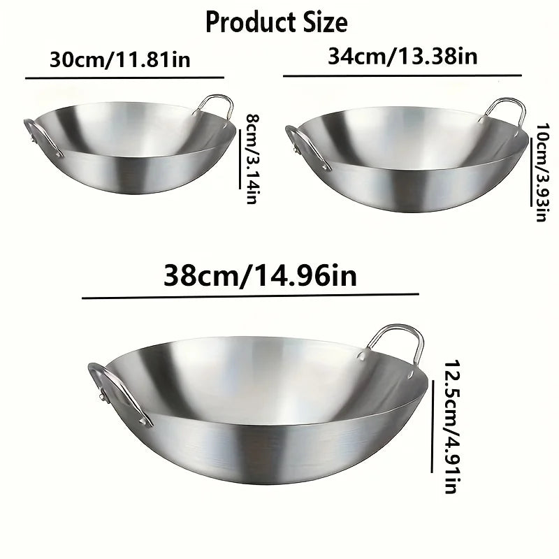 Large Stainless Steel Wok - Durable Chefs Pan with Dual Handles Easy to Clean - ZOOMNSTORE