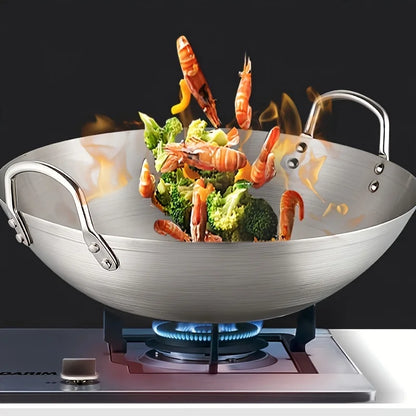 Large Stainless Steel Wok - Durable Chefs Pan with Dual Handles Easy to Clean - ZOOMNSTORE