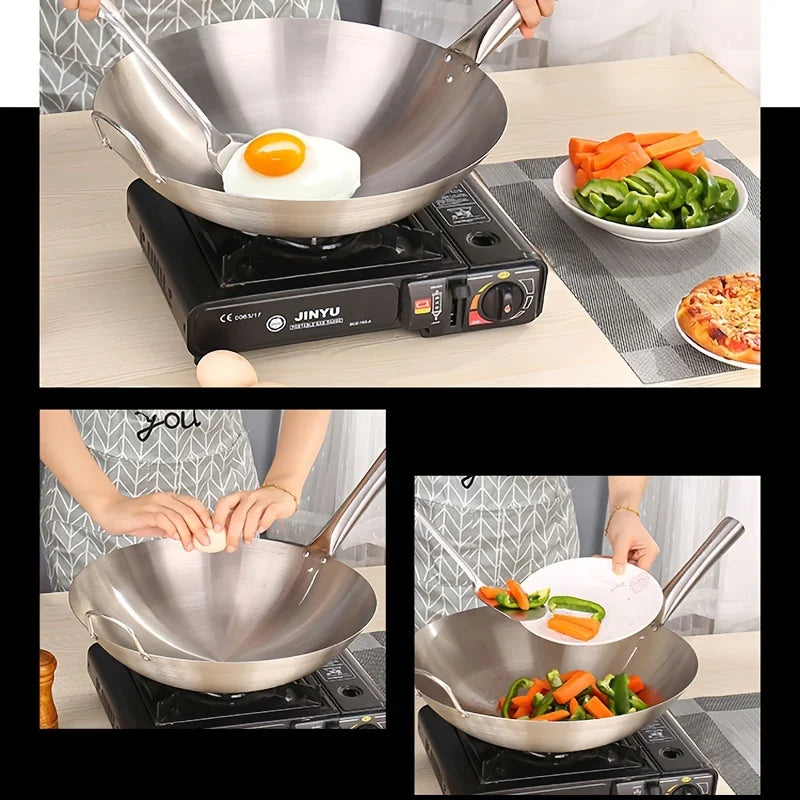 Large Stainless Steel Wok - Durable Chefs Pan with Dual Handles Easy to Clean - ZOOMNSTORE