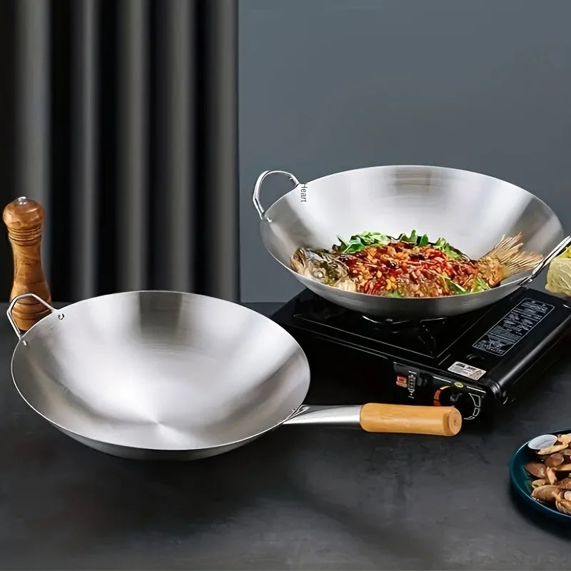 Large Stainless Steel Wok - Durable Chefs Pan with Dual Handles Easy to Clean - ZOOMNSTORE