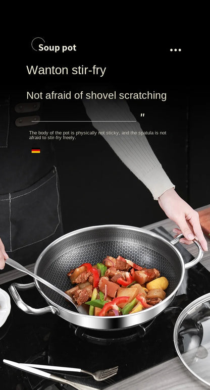 Stainless Steel Wok Pan 32cm - Non Stick Honeycomb Pot Bottom, Induction & Gas Stove Compatible - ZOOMNSTORE