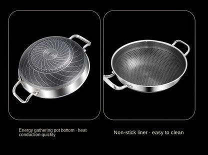 Stainless Steel Wok Pan 32cm - Non Stick Honeycomb Pot Bottom, Induction & Gas Stove Compatible - ZOOMNSTORE