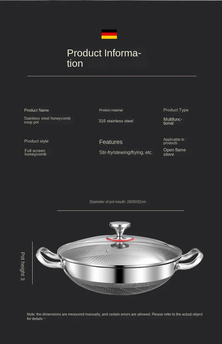 Stainless Steel Wok Pan 32cm - Non Stick Honeycomb Pot Bottom, Induction & Gas Stove Compatible - ZOOMNSTORE