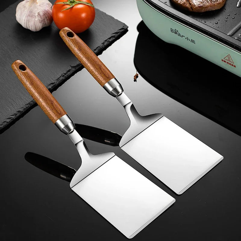 Stainless Steel BBQ Turner - Square Head Spatula with Wood Handle for Cooking - ZOOMNSTORE