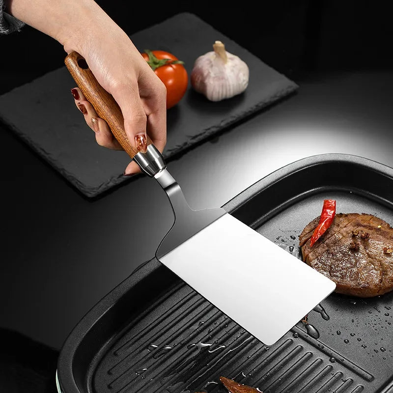 Stainless Steel BBQ Turner - Square Head Spatula with Wood Handle for Cooking - ZOOMNSTORE