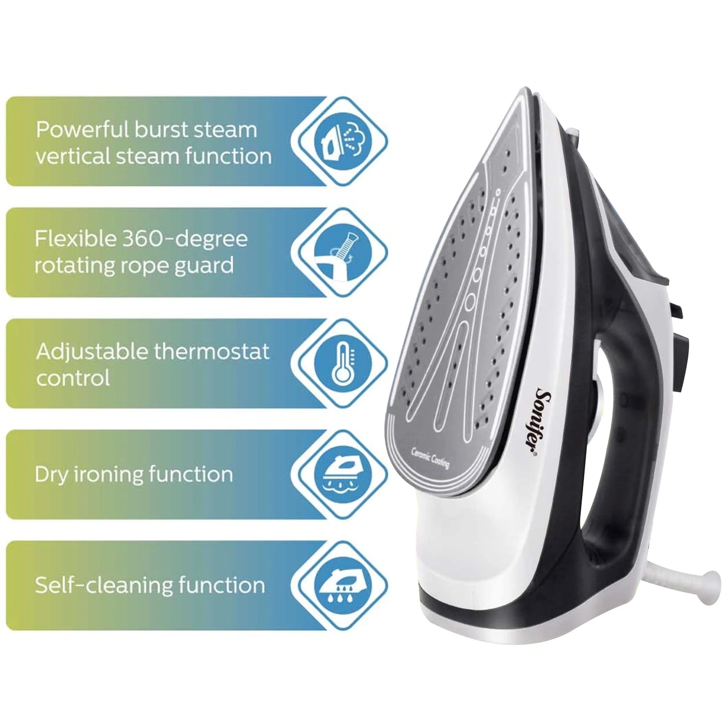 Steam Iron Electric Steamer SF-9080 | Ceramic Soleplate & Burst Steam Function - ZOOMNSTORE