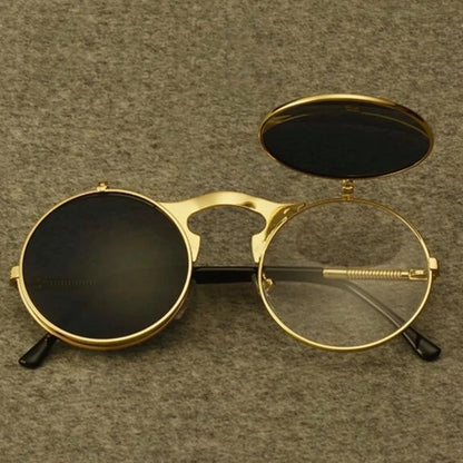 Steampunk Fold Sunglasses – Round Vintage UV400 Protective Glasses With Double Lens - ZOOMNSTORE