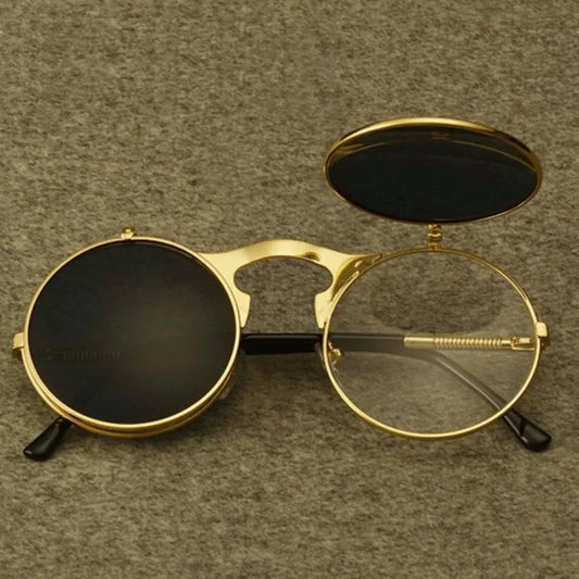 Steampunk Fold Sunglasses – Round Vintage UV400 Protective Glasses With Double Lens - ZOOMNSTORE