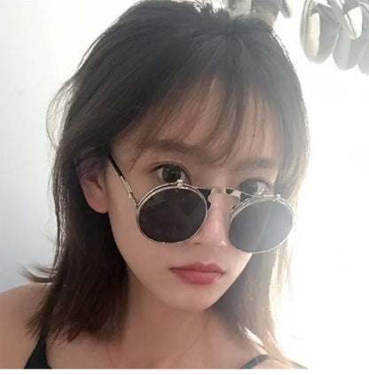 Steampunk Fold Sunglasses – Round Vintage UV400 Protective Glasses With Double Lens - ZOOMNSTORE