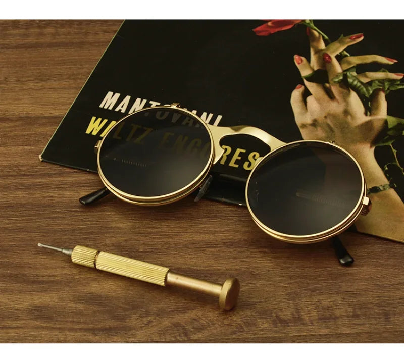 Steampunk Fold Sunglasses – Round Vintage UV400 Protective Glasses With Double Lens - ZOOMNSTORE