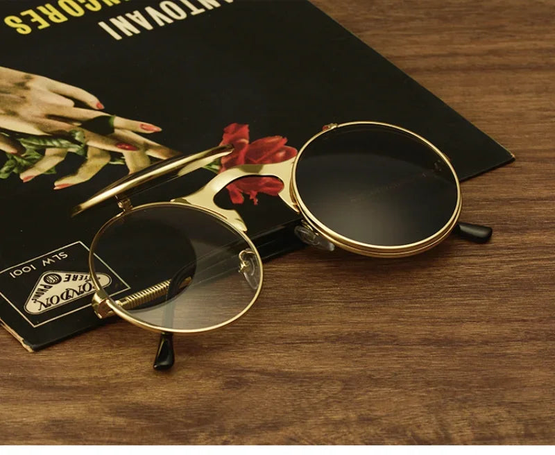 Steampunk Fold Sunglasses – Round Vintage UV400 Protective Glasses With Double Lens - ZOOMNSTORE