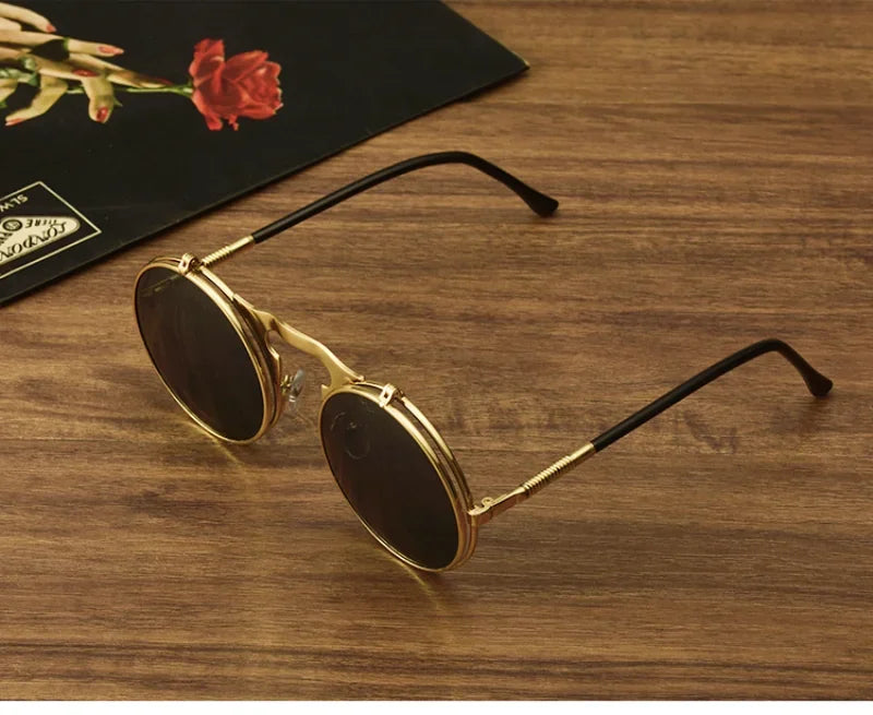 Steampunk Fold Sunglasses – Round Vintage UV400 Protective Glasses With Double Lens - ZOOMNSTORE