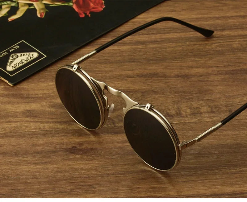 Steampunk Fold Sunglasses – Round Vintage UV400 Protective Glasses With Double Lens - ZOOMNSTORE
