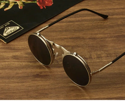 Steampunk Fold Sunglasses – Round Vintage UV400 Protective Glasses With Double Lens - ZOOMNSTORE