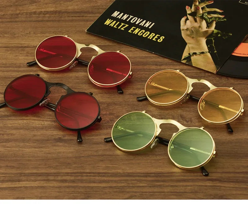Steampunk Fold Sunglasses – Round Vintage UV400 Protective Glasses With Double Lens - ZOOMNSTORE