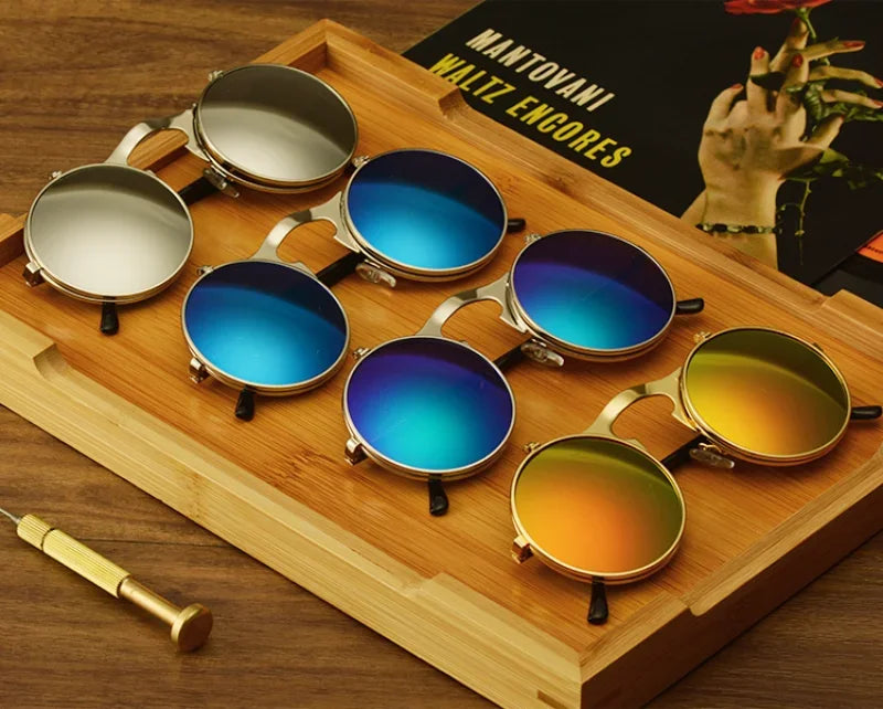 Steampunk Fold Sunglasses – Round Vintage UV400 Protective Glasses With Double Lens - ZOOMNSTORE