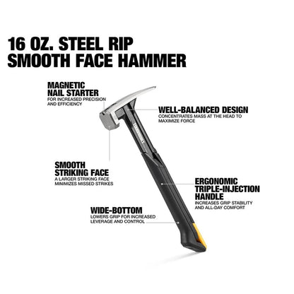 TOUGHBUILT Steel Rip Hammer - 16 oz  18 oz Smooth Face Hand Tools - ZOOMNSTORE