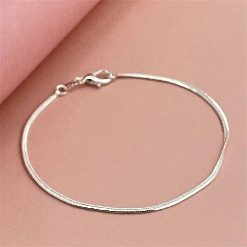 925 Sterling Silver Bracelet 2mm Flat Snake Bone Chain 20CM Women Men Wedding Accessories Jewelry Gifts - ZOOMNSTORE