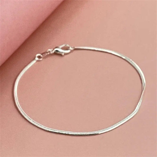 925 Sterling Silver Bracelet 2mm Flat Snake Bone Chain 20CM Women Men Wedding Accessories Jewelry Gifts - ZOOMNSTORE