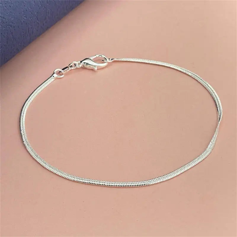 925 Sterling Silver Bracelet 2mm Flat Snake Bone Chain 20CM Women Men Wedding Accessories Jewelry Gifts - ZOOMNSTORE