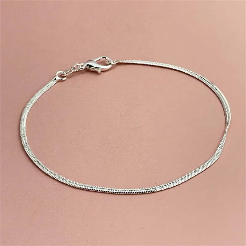925 Sterling Silver Bracelet 2mm Flat Snake Bone Chain 20CM Women Men Wedding Accessories Jewelry Gifts - ZOOMNSTORE