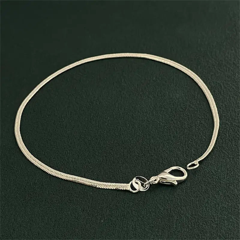 925 Sterling Silver Bracelet 2mm Flat Snake Bone Chain 20CM Women Men Wedding Accessories Jewelry Gifts - ZOOMNSTORE